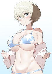 1girl absurdres bikini blonde_hair blue_bikini blue_eyes blush breasts collarbone girls_und_panzer highres large_breasts mochi_(mochiokomet) multicolored_bikini multicolored_clothes navel open_mouth short_hair solo swimsuit upper_body white_bikini youko_(girls_und_panzer)