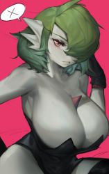 Rule 34 | 1girl, :&lt;, bare shoulders, black gloves, black leotard, black thighhighs, blush, bob cut, breasts, cleavage, closed mouth, collarbone, colored skin, creatures (company), female focus, game freak, gardevoir, gen 3 pokemon, gloves, green hair, hair over one eye, hand up, highres, huge breasts, leotard, light blush, looking at viewer, messy hair, nintendo, one eye covered, pink background, pokemon, pokemon (creature), red eyes, short hair, simple background, solo, speech bubble, spoken x, strapless, strapless leotard, thighhighs, white skin, wide hips, woobin94
