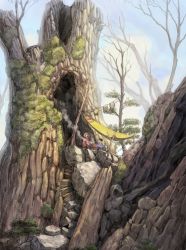 Rule 34 | 1boy, 1girl, ambiguous gender, backpack, bag, bare tree, black hair, blue sky, campfire, camping, commentary request, cooking, day, dress, faceless, forest, giant tree, highres, in tree, laundry, mikan yuzuko, moss, multiple others, nature, original, ponytail, red dress, robe, rock, scenery, sitting, sky, smoke, stairs, standing, tent, tree, unworn backpack, unworn bag