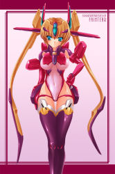 Rule 34 | 1girl, blonde hair, blue eyes, blush, breasts, brooch, cameltoe, circlet, embarrassed, faintear, hair ornament, hand on own hip, highleg, highleg leotard, impossible clothes, jewelry, large breasts, leotard, long hair, mecha musume, navel, nipples, purple thighhighs, see-through, shiny clothes, shujin, skin tight, solo, standing, thigh gap, thigh strap, thighhighs, trigger heart exelica, twintails, very long hair