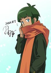 Rule 34 | 1boy, antenna hair, blue eyes, blunt bangs, coat, commentary request, creatures (company), dated, from side, game freak, gradient background, green coat, green hair, half-closed eyes, hand up, highres, long sleeves, male focus, nintendo, notice lines, one-hour drawing challenge, orange scarf, pokemon, pokemon (anime), pokemon xy (anime), sawyer (pokemon), scarf, short hair, signature, solo, tamura (kouititamura)