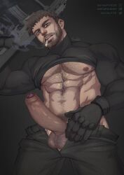 Rule 34 | 1boy, abs, artist name, bara, beard stubble, black gloves, black hair, black pants, black shirt, chest hair, chris redfield, cigarette, clothes lift, erection, facial hair, gloves, gun, highres, holding, holding gun, holding weapon, instagram username, large pectorals, looking at viewer, male focus, male pubic hair, muscular, muscular male, navel, nipples, open pants, pants, patreon username, pectorals, penis, pubic hair, resident evil, resident evil village, shirt, shirt lift, short hair, smoking, solo, soynutts, stubble, testicles, twitter username, weapon