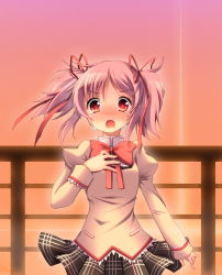 Rule 34 | 10s, 1girl, bad id, bad pixiv id, blush, bow, frown, hair bow, hand on own chest, highres, kaname madoka, looking at viewer, mahou shoujo madoka magica, mahou shoujo madoka magica (anime), oruto (ort+), oruton, pink hair, red eyes, school uniform, short twintails, solo, sunset, tears, twintails
