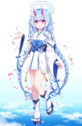 Rule 34 | 1girl, absurdres, black footwear, blue archive, blue bow, blue hair, blue sky, bow, braid, chise (blue archive), cloud, commentary request, flower, full body, hair between eyes, hair flower, hair ornament, halo, hand up, highres, horns, japanese clothes, kaoling, kimono, long hair, long sleeves, looking at viewer, low twintails, obi, oni, oni horns, parted lips, petals, pleated skirt, red eyes, reflection, ripples, sandals, sash, skirt, sky, socks, solo, standing, standing on one leg, tabi, twin braids, twintails, very long hair, water, white flower, white kimono, white skirt, white socks, wide sleeves, zouri