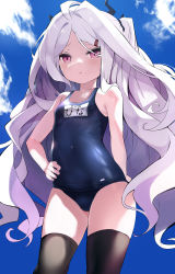 Rule 34 | 1girl, absurdres, ahoge, bare shoulders, black thighhighs, blue archive, blue sky, blush, breasts, commentary request, forehead, grey hair, hair ornament, hairclip, highres, hina (blue archive), hina (swimsuit) (blue archive), long hair, looking at viewer, name tag, parted bangs, purple eyes, school swimsuit, shimejinameko, sky, small breasts, solo, swimsuit, thighhighs