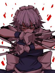 Rule 34 | 1girl, apron, bags under eyes, between fingers, blue dress, bow, breasts, commentary request, dress, eyes visible through hair, fighting stance, glaring, gloves, grey hair, hair between eyes, highres, holding, holding knife, izayoi sakuya, knife, knives between fingers, kuri dora, large breasts, long bangs, long hair, looking at viewer, maid, maid headdress, pinafore dress, puffy short sleeves, puffy sleeves, red eyes, shaded face, shirt, short sleeves, simple background, sleeveless, sleeveless dress, solo, throwing knife, touhou, upper body, v-shaped eyebrows, waist apron, waist bow, weapon, white apron, white background, white bow, white gloves, white shirt