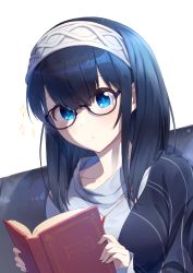 Rule 34 | 1girl, bespectacled, black-framed eyewear, black hair, blue eyes, blue sweater, blush, book, commentary request, glasses, hairband, highres, holding, holding book, idolmaster, idolmaster cinderella girls, looking at viewer, necktie, open book, purple shawl, sagisawa fumika, shawl, simple background, solo, sparkle, sweater, white background, white hairband, yaaben