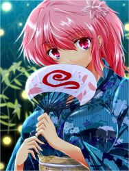 Rule 34 | 1girl, breasts, covering own mouth, floral print, flower, hair flower, hair ornament, hand fan, highres, japanese clothes, kimono, large breasts, long sleeves, looking at viewer, nekominase, obi, paper fan, pink eyes, pink hair, saigyouji yuyuko, sash, solo, touhou, uchiwa, upper body