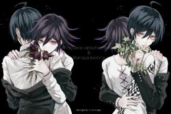 Rule 34 | 2boys, ahoge, black background, black hair, black jacket, character name, commentary request, danganronpa (series), danganronpa v3: killing harmony, flower, hair between eyes, hand on another&#039;s back, hand on another&#039;s shoulder, holding, holding flower, hug, jacket, long sleeves, looking at viewer, male focus, multiple boys, multiple views, off-shoulder jacket, off shoulder, oma kokichi, purple eyes, purple hair, saihara shuichi, sakuyu, shirt, short hair, simple background, straitjacket, striped clothes, striped jacket, striped shirt, translation request, upper body, white flower, white jacket, white shirt, yaoi