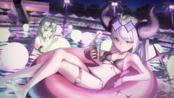 2girls absurdres ahoge alternate_costume barefoot bikini black_bikini black_choker black_hair black_horns choker commentary cup demon_horns disposable_cup eyewear_on_head full_body grey_hair highres hololive horns la+_darknesss long_hair multicolored_hair multiple_girls night o-ring o-ring_bikini o-ring_bottom o-ring_thigh_strap on_innertube pointy_ears pool purple_hair sakamata_chloe soles star-shaped_eyewear star_(symbol) streaked_hair striped_horns sunglasses swimsuit tail thigh_strap toes tokaki very_long_hair virtual_youtuber water yellow_eyes