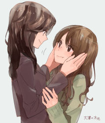 Rule 34 | 2girls, :t, blouse, brown eyes, brown hair, brown shirt, cheek press, from side, green shirt, grey background, long hair, long sleeves, looking at another, multiple girls, original, shirt, smile, sou (tuhut), translated, upper body, yuri