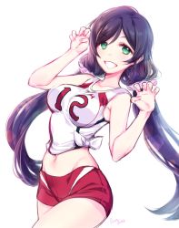 Rule 34 | 10s, 1girl, artist name, bittersweet (dalcoms), green eyes, grin, gym shorts, hair ribbon, highres, jersey, long hair, looking at viewer, love live!, love live! school idol festival, love live! school idol project, navel, purple hair, ribbon, shirt, short shorts, shorts, smile, solo, teeth, tied shirt, tojo nozomi, twintails, white background