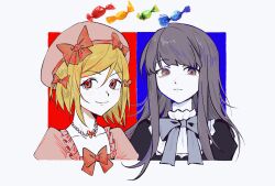 Rule 34 | 2girls, absurdres, black shirt, blonde hair, blue ribbon, bow, brown eyes, butterfly necklace, chinese commentary, closed mouth, colored skin, commentary request, frederica bernkastel, frills, frown, grey hair, hair bow, hat, hat bow, hat ribbon, highres, jewelry, lambdadelta, long hair, multiple girls, neck ribbon, necklace, ououren, pink headwear, red bow, red ribbon, ribbon, shirt, short hair, smile, umineko no naku koro ni, white shirt, white skin
