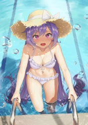 Rule 34 | 1girl, absurdres, alternate costume, bare arms, bikini, blush, bow, braid, breasts, cleavage, day, fang, frilled bikini, frills, front-tie top, genshin impact, halterneck, hat, hat bow, highres, holding, keqing (genshin impact), kokoro mukai, long hair, looking at viewer, medium breasts, open mouth, outdoors, pool, pool ladder, purple eyes, purple hair, sidelocks, skin fang, solo, straw hat, swimsuit, thighs, twintails, very long hair, wading, water, wavy mouth, wet, white bow