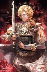 Rule 34 | 1boy, blonde hair, blue eyes, blue gemstone, book, cape, circlet, commentary, cowboy shot, cross-shaped pupils, english commentary, fire, frills, frost, gem, gold trim, highres, holding, holding book, holding sword, holding weapon, identity v, juliet sleeves, light particles, long sleeves, looking ahead, male focus, medium hair, mirshroom, monocle, official alternate costume, orpheus (hollow) (identity v), orpheus (identity v), pants, parted bangs, puffy pants, puffy sleeves, pumpkin pants, red background, scar, scar on hand, serious, shirt, signature, sleeve cuffs, solo, striped, sword, symbol-shaped pupils, tunic, weapon, white cape, white pants, white shirt, white tunic