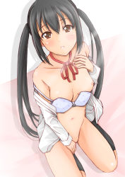 Rule 34 | 1girl, bad id, bad pixiv id, black hair, blush, bra, breasts, brown eyes, k-on!, kasumi seiki, lingerie, long hair, medium breasts, nakano azusa, navel, nipples, off shoulder, open clothes, open shirt, pussy, pussy peek, ribbon, shirt, solo, strap slip, twintails, uncensored, underwear, undressing