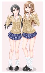 Rule 34 | 2girls, :d, arm at side, black footwear, blue skirt, blush, breasts, brown eyes, brown hair, brown jacket, buttons, cleavage, collarbone, collared shirt, dress, full body, hair tie, hand up, highres, idolmaster, idolmaster cinderella girls, jacket, leg warmers, legs apart, loafers, long hair, long sleeves, looking at viewer, low twintails, mizumoto yukari, multiple girls, nakano yuka, open mouth, pink background, plaid, plaid skirt, pleated skirt, shirt, shirushiru (saitou888), shoes, short dress, simple background, skirt, small breasts, smile, standing, tareme, thighs, twintails, v, wing collar