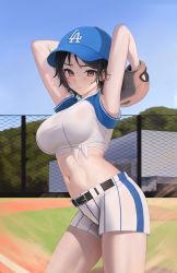 1girl absurdres armpits arms_up bare_arms baseball_cap baseball_glove belt black_hair blouse blue_hat breasts brown_eyes closed_mouth contrapposto cowboy_shot crop_top day front-tie_top frown hat highres large_breasts looking_at_viewer midriff mole mole_under_mouth myabit navel original outdoors shirt short_hair short_shorts shorts solo standing stomach sweat taut_clothes taut_shirt thighs white_shirt white_shorts