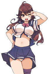 Rule 34 | 1girl, ;d, ahoge, blush, breasts, brown eyes, brown hair, hand on own hip, highres, large breasts, long hair, looking at viewer, mil (xration), navel, one eye closed, open mouth, pleated skirt, reco love gold beach, school uniform, serafuku, simple background, skirt, smile, solo, v, white background