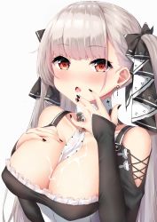 Rule 34 | 1girl, azur lane, between breasts, black dress, blush, breasts, cleavage, cum, cum in mouth, cum on body, cum on breasts, cum on upper body, dombear, dress, earrings, formidable (azur lane), frilled dress, frills, grey hair, hair ribbon, highres, jewelry, large breasts, long hair, nail polish, pantyhose, red eyes, ribbon, solo, twintails, two-tone dress, two-tone ribbon, two-tone ribbons