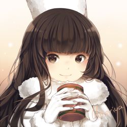 Rule 34 | 1girl, ameriya, artist name, blush, brown eyes, brown hair, can, cocoa cookie, cookie run, cup, fur trim, gloves, gradient background, hat, holding, holding can, long hair, looking at viewer, mug, smile, smug, solo, upper body, white gloves