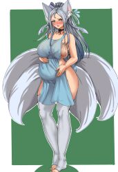 Rule 34 | 1girl, absurdres, animal ear fluff, animal ears, apron, asagiri (coc2), babydoll, blush, bow, breasts, choker, corruption of champions 2, curvy, fox ears, fox girl, fox tail, full body, grey eyes, grey hair, hair bow, hair ribbon, hand on own stomach, highres, huge breasts, kitsune, lace trim, long hair, looking at viewer, multiple tails, nyahpa20, open mouth, ponytail, pregnant, ribbon, see-through, shiny skin, sidelocks, simple background, solo, standing, tail, thick thighs, thighhighs, thighs, very long hair, white thighhighs, wide hips
