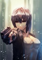 Rule 34 | cleavage, ctiahao, fingerless gloves, ghost in the shell, ghost in the shell stand alone complex, gloves, gun, highres, jacket, kusanagi motoko, pointing weapon, purple hair, rain, red eyes, solo, weapon