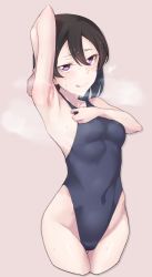 Rule 34 | 1girl, absurdres, arm up, armpits, black hair, black one-piece swimsuit, breath, commentary request, competition swimsuit, cropped legs, gluteal fold, grey background, highleg, highleg swimsuit, highres, looking at viewer, love live!, love live! sunshine!!, love live! sunshine!! the school idol movie over the rainbow, nasuno (nasuno42), one-piece swimsuit, purple eyes, short hair, simple background, solo, swimsuit, watanabe tsuki