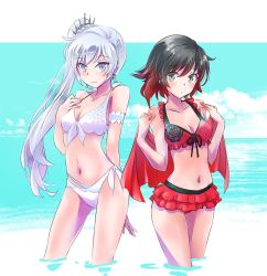 Rule 34 | 2girls, bikini, bikini skirt, black hair, blue eyes, breasts, cleavage, contrapposto, cowboy shot, day, frilled skirt, frills, gluteal fold, grey eyes, hand on own chest, highres, iesupa, long hair, looking at viewer, multicolored hair, multiple girls, navel, outdoors, red bikini, red hair, ruby rose, rwby, short hair, side ponytail, silver hair, skirt, small breasts, standing, swimsuit, two-tone hair, very long hair, wading, weiss schnee, white bikini