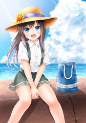 Rule 34 | 1girl, asashio (kancolle), bag, black hair, blue eyes, blush, buttons, cloud, comiching, day, flower, hat, hat flower, highres, kantai collection, long hair, ocean, open mouth, outdoors, pleated skirt, shirt, short sleeves, sitting, skirt, sky, solo, sun hat, suspender skirt, suspenders, water, white shirt