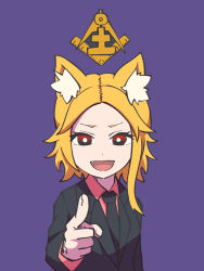 Rule 34 | 1girl, :d, alternate hairstyle, animal ear fluff, animal ears, asymmetrical hair, black jacket, black necktie, blonde hair, bright pupils, commentary request, cookie (touhou), fangs, formal, fox ears, fox girl, freemason, highres, jacket, long sleeves, looking at viewer, medium hair, miramikaru riran, necktie, open mouth, parody request, pink shirt, pointing, pointing at viewer, purple background, real life, red eyes, shirt, sidelocks, simple background, smile, solo, suit, upper body, white pupils, yan pai