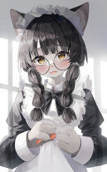 Rule 34 | 1girl, absurdres, animal ear fluff, animal ears, animal ears (norankkori), animal hands, animal nose, apron, black-framed eyewear, black bow, black bowtie, black dress, black hair, blunt bangs, blush, body fur, bow, bowtie, braid, cat ears, cat girl, claws, collared shirt, commentary, day, dress, fangs, frilled apron, frills, furry, furry female, glasses, grey background, grey fur, hair tie, hands up, happy, head tilt, highres, indoors, juliet sleeves, light particles, long hair, long sleeves, looking at viewer, maid, maid apron, maid headdress, open mouth, original, own hands together, pawpads, puffy sleeves, round eyewear, shirt, sidelocks, skin fangs, smile, solo, straight-on, symbol-only commentary, twin braids, upper body, white apron, yellow eyes