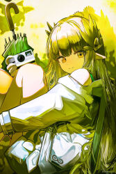 Rule 34 | 1girl, arknights, bare shoulders, blunt bangs, camera, closed mouth, dot nose, feet out of frame, from side, green hair, green theme, green umbrella, hair ornament, highres, holding, holding camera, jacket, knee up, long hair, long sleeves, looking at viewer, mole, mole under eye, muelsyse (arknights), off shoulder, open clothes, open jacket, pointy ears, polaroid, runamonet, smile, solo, straight hair, umbrella, white jacket, yellow eyes