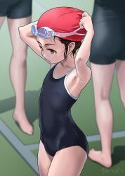 Rule 34 | 1girl, 2others, armpits, arms up, black one-piece swimsuit, blurry, brown eyes, brown hair, competition school swimsuit, cowboy shot, depth of field, flat chest, goggles, goggles on head, highres, multiple others, one-piece swimsuit, original, red headwear, rohitsuka, school swimsuit, short hair, solo focus, swim cap, swimsuit