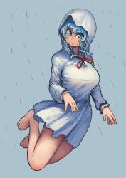 Rule 34 | 1girl, absurdres, bare legs, barefoot, blue eyes, blue hair, blush, chanta (ayatakaoisii), character request, copyright request, dress, full body, grey background, highres, hood, hood up, long hair, long sleeves, looking at viewer, solo, white dress
