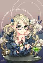 Rule 34 | 10s, 1girl, 2016, blonde hair, blue-framed eyewear, bracelet, closed mouth, cup, drink, drinking glass, elf, eyebrows, fingernails, flower, glasses, gradient background, green eyes, hair ornament, hairclip, hand on own chin, head rest, highres, jacket, jewelry, lace trim, long fingernails, long hair, long sleeves, looking at viewer, original, plaid, pointy ears, signature, smile, solo, swept bangs, table, two side up, upper body, wbfish