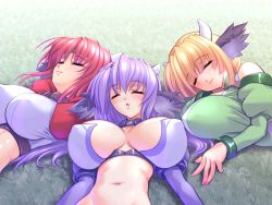 Rule 34 | 3girls, animal ears, bandeau, bikini, blonde hair, blush, breasts, breasts apart, choker, cleavage, closed eyes, covered erect nipples, cow horns, crop top, cropped jacket, detached sleeves, eina brahms, fingernails, from above, game cg, grass, green hair, gunner-l, halterneck, headband, hip focus, horns, huge breasts, jewelry, light smile, long fingernails, long hair, lying, meru cavaliere, multiple girls, nail polish, navel, neck ring, on back, on ground, on side, open mouth, outdoors, puffy sleeves, purple hair, red hair, reon bardot, saa! ushi da, saa! usi da, saa ushi da!, short hair, sleeping, smile, swimsuit, turtleneck, upper body, very long hair