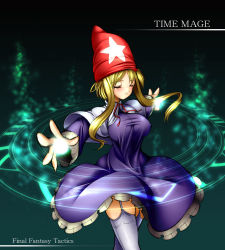 Rule 34 | 1girl, blonde hair, breasts, dress, closed eyes, final fantasy, final fantasy tactics, garter belt, gunner-l, hat, large breasts, magic, solo, thighhighs, time mage, time mage (fft)