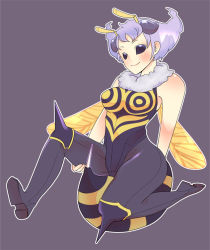 Rule 34 | 1girl, antennae, arthropod girl, bare shoulders, bee, bee girl, bug, capcom, donguri (acorncafe), fur, insect, insect girl, insect wings, monster girl, no pupils, pantyhose, purple background, purple hair, q-bee, short hair, simple background, sleeveless, solid eyes, solo, vampire (game), wings