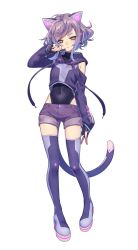 Rule 34 | 1other, :&lt;, absurdres, ahoge, animal ear headphones, animal ears, arm at side, black leotard, blush, boots, cat ear headphones, cat ears, cat tail, covered navel, detached sleeves, drawstring, fake animal ears, fake tail, fingerless gloves, full body, gloves, hand up, headphones, headset, highres, hood, hood down, hoodie, leotard, leotard under clothes, long sleeves, looking at viewer, matsuda toki, milk (utau), nail polish, official art, pink nails, purple footwear, purple hair, purple hoodie, purple shorts, purple thighhighs, short hair, short shorts, shorts, sidelocks, sleeves past wrists, solo, standing, tail, thick eyebrows, thigh boots, thighhighs, transparent background, utau, white background, yellow eyes