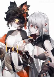 Rule 34 | 2girls, aak (arknights), alternate breast size, animal ears, arknights, bare shoulders, black choker, black hair, braid, breasts, cat ears, chinese commentary, choker, cleavage, colored sclera, commentary request, cowboy shot, crown braid, earrings, furry, furry female, genderswap, genderswap (mtf), hair between eyes, highres, holding, jewelry, long hair, looking at viewer, medium breasts, multiple girls, parted lips, pointy ears, red eyes, short hair, silver hair, simple background, standing, test tube, thighs, warfarin (arknights), white background, yellow sclera, yushe quetzalli