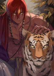 Rule 34 | 1boy, abs, animal, ashwatthama (fate), closed mouth, dark-skinned male, dark skin, edamameoishii, fate/grand order, fate (series), fingernails, highres, indian clothes, jewelry, leaf, male focus, muscular, muscular male, necklace, outdoors, pectorals, petting, red hair, short hair, solo, tiger, twitter username, whiskers, yellow eyes