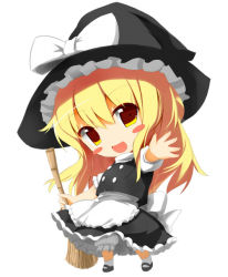 Rule 34 | 1girl, :d, blonde hair, bloomers, blush stickers, bow, broom, chibi, female focus, full body, hat, hat bow, kirisame marisa, long hair, looking at viewer, open mouth, outstretched arm, simple background, skirt, smile, solo, taharu kousuke, touhou, underwear, white background, witch, witch hat