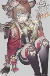Rule 34 | 1girl, absurdres, aciddrop (arknights), animal ears, arknights, backpack, bag, beige neckwear, bird ears, black gloves, black socks, black shirt, blue eyes, blush, brown hair, character name, epaulettes, fang, feet out of frame, fingerless gloves, glasses, gloves, grey background, gun, hat, highres, holding, holding gun, holding weapon, id card, jacket, kneehighs, lanyard, long sleeves, looking at viewer, medal, military hat, neckerchief, noco (pixiv14976070), open clothes, open jacket, open mouth, red jacket, rifle, round eyewear, shirt, short hair, shorts, simple background, sitting, socks, solo, sparkle, thigh strap, weapon