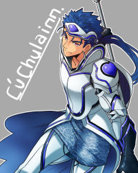 Rule 34 | 1boy, aono shimo, armor, bad id, bad pixiv id, blue hair, cosplay, cu chulainn (fate), cu chulainn (fate/stay night), cu chulainn (megami tensei), cu chulainn (megami tensei) (cosplay), fate/stay night, fate (series), fusion, hat, highres, male focus, name connection, polearm, ponytail, red eyes, shin megami tensei, simple background, solo, spear, weapon