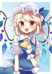 Rule 34 | 1girl, alternate color, ascot, blue background, blue ribbon, blue shirt, blue skirt, chisiro unya (unya draw), cowboy shot, crystal, dated, fang, flandre scarlet, hat, hat ribbon, heart, looking at viewer, mob cap, one side up, open mouth, red eyes, ribbon, shirt, signature, skirt, solo, standing, touhou, white hat, wings, yellow ascot