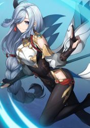 Rule 34 | 1girl, blue eyes, bodysuit, braid, breasts, bridal gauntlets, capelet, chinese clothes, closed mouth, dutch angle, earrings, from side, genshin impact, gold trim, hair ornament, hair over one eye, hand up, highres, hip vent, holding, holding polearm, holding weapon, jewelry, knee up, kuji-in, long hair, looking at viewer, low-braided long hair, low-tied long hair, polearm, shenhe (genshin impact), silver hair, solo, sora (men0105), tassel, tassel earrings, very long hair, weapon