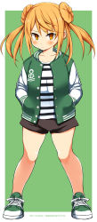 Rule 34 | 10s, 1girl, absurdres, alternate costume, black shorts, blonde hair, border, buttons, dated, double bun, green jacket, hands in pockets, highres, jacket, kantai collection, long hair, long sleeves, michishio (kancolle), no socks, richou (zerozero1101), shoes, shorts, sneakers, solo, twitter username, white border, yellow eyes