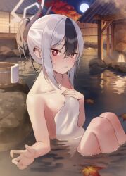 Rule 34 | 1girl, black hair, blue archive, blush, breasts, collarbone, full moon, grey hair, hair between eyes, jmao, kayoko (blue archive), leaf, long hair, looking at viewer, maple leaf, moon, multicolored hair, naked towel, night, onsen, open mouth, outdoors, partially submerged, red eyes, small breasts, solo, towel, water, white towel