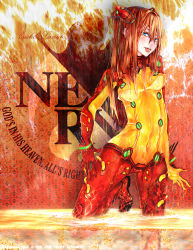 Rule 34 | 1girl, asuke yuki, bad id, bad pixiv id, blue eyes, bodysuit, hair ornament, lcl, long hair, multicolored clothes, naughty face, neon genesis evangelion, nerv, orange hair, plugsuit, rebuild of evangelion, red bodysuit, see-through, see-through bodysuit, shiny clothes, solo, souryuu asuka langley, test plugsuit, very long hair, wading, wet, wide hips